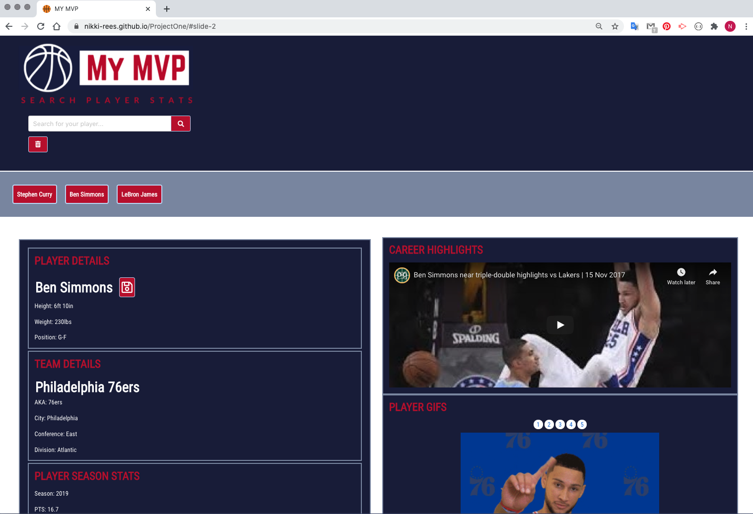 Screenshot of basketball stat search app