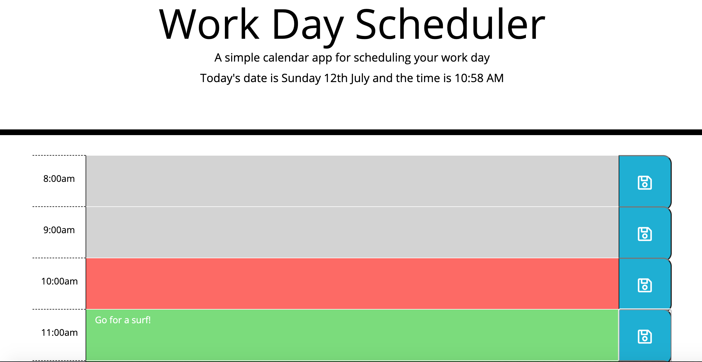 Screenshot of a day planner that color coes depending on time