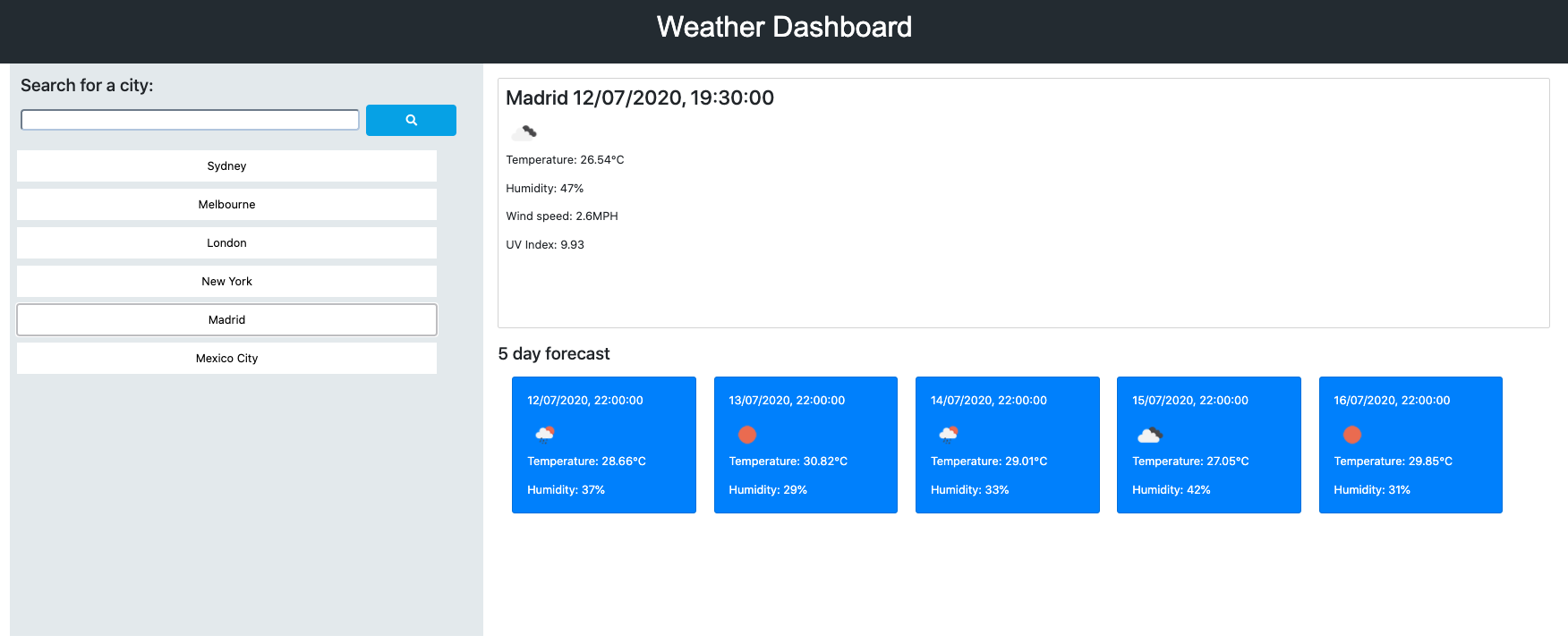 screenshot of a working weather dashboard showing five day forecast